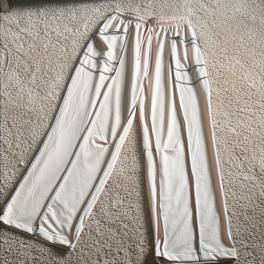 Beige Wide Leg Lounge Pants with Contrast Stitching